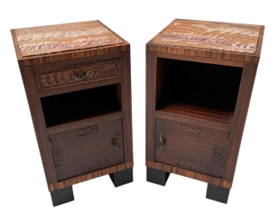 Two Art Deco Nightstands or Bedside Tables with Multi-Colored Marble Tops, 1930s